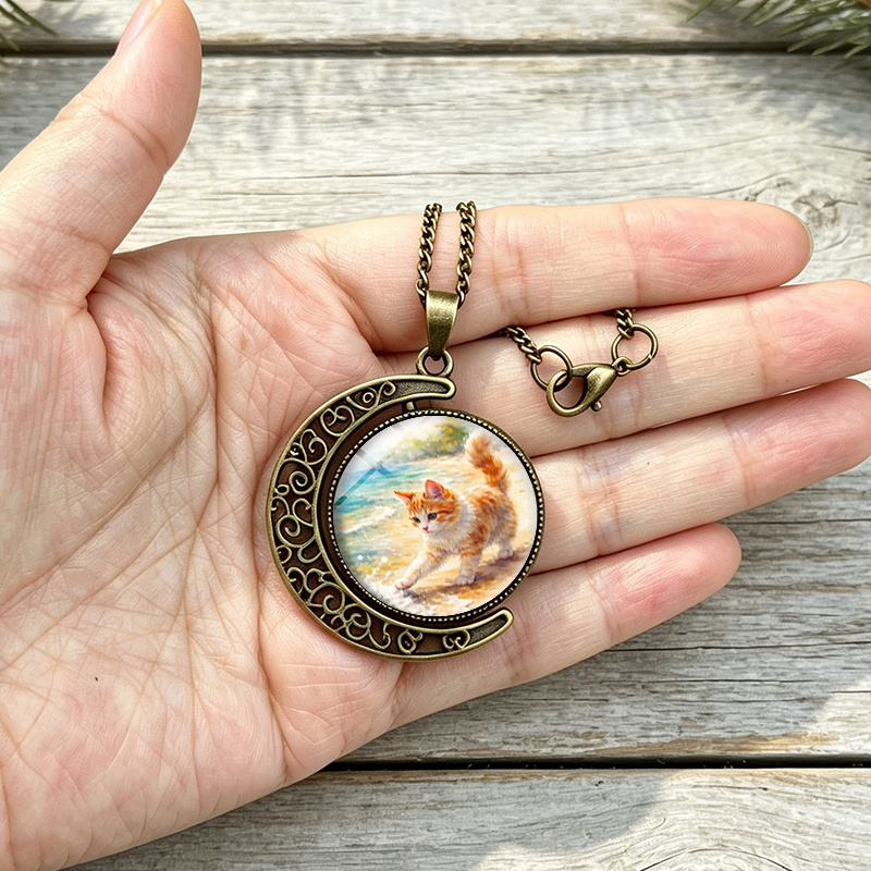 3pcs Orange Cat Playing Water Necklace and Earrings Set